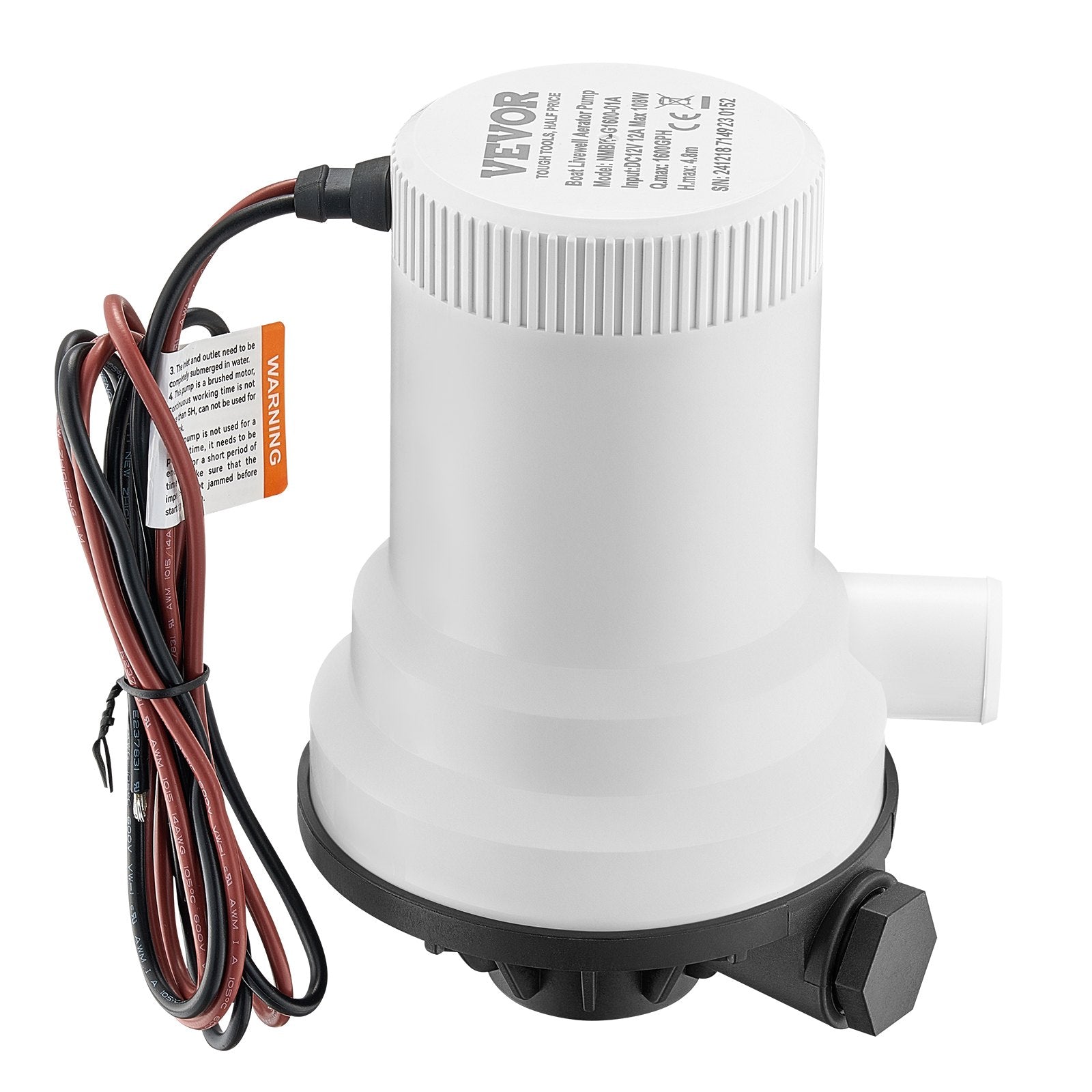 VEVOR Livewell Pump for Boat 12V 1600GPH Livewell Aerator Pump Straight 2 Inlets