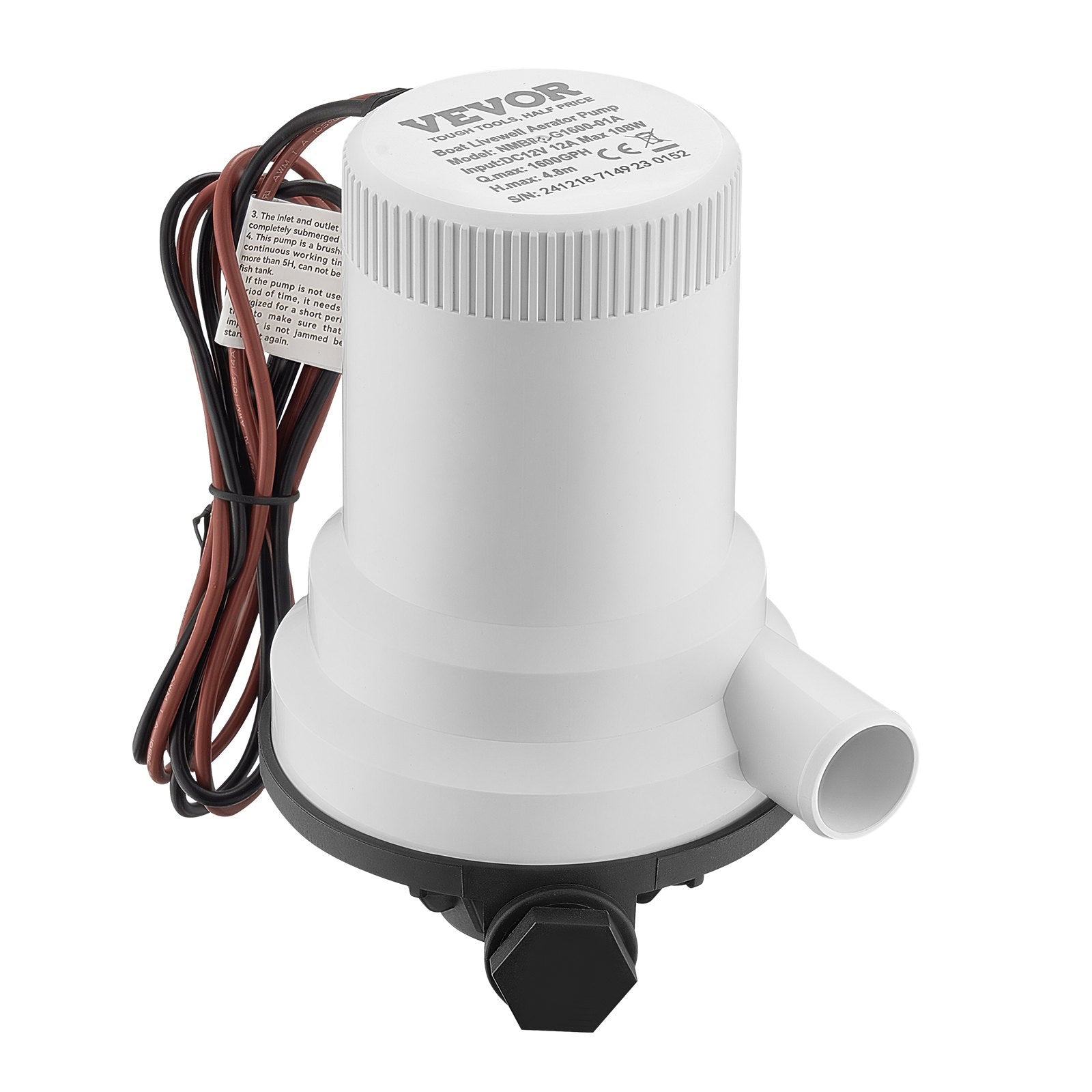 VEVOR Livewell Pump for Boat 12V 1600GPH Livewell Aerator Pump Straight 2 Inlets