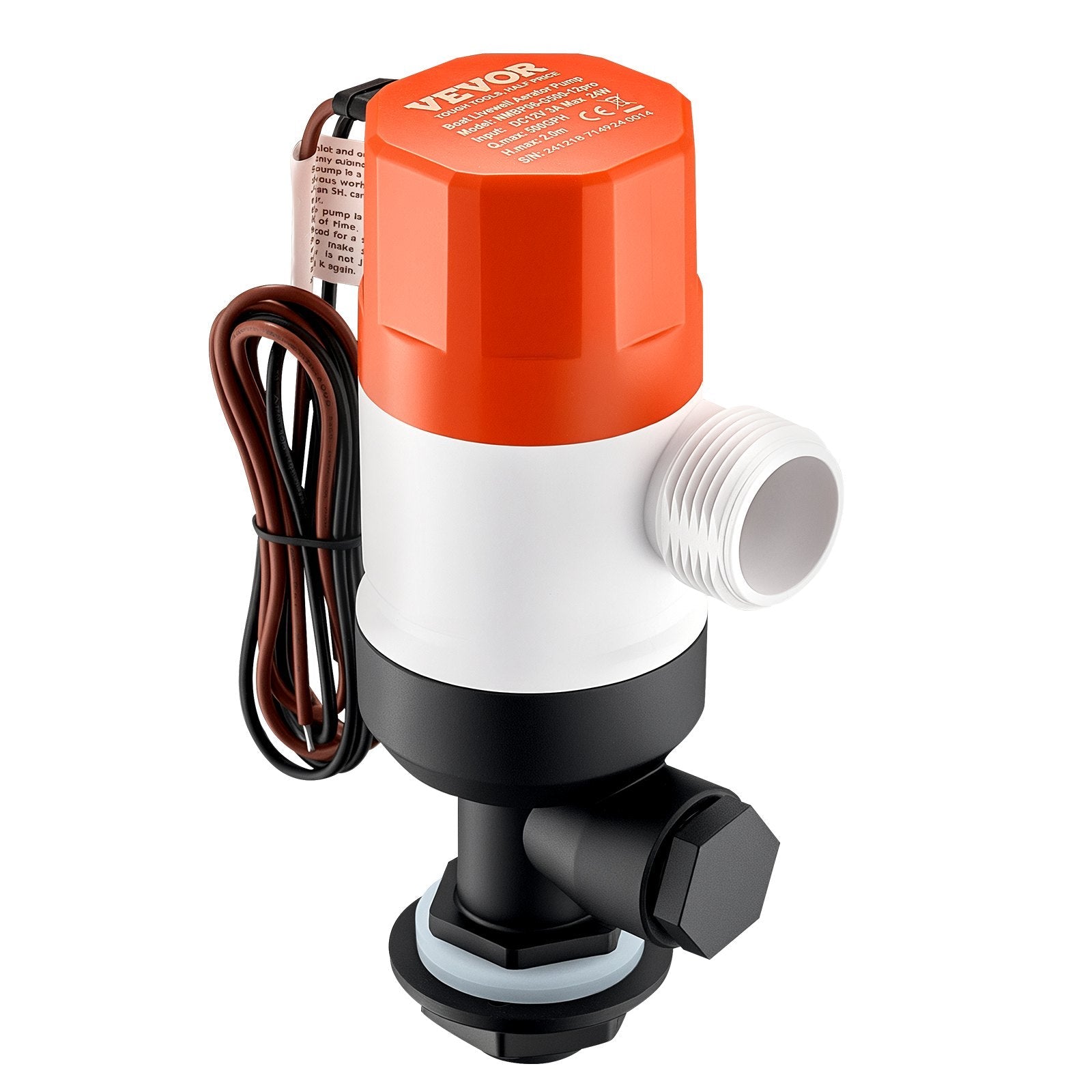 VEVOR Livewell Pump for Boat 12V 500 GPH Livewell Aerator Pump Straight 2 Inlets