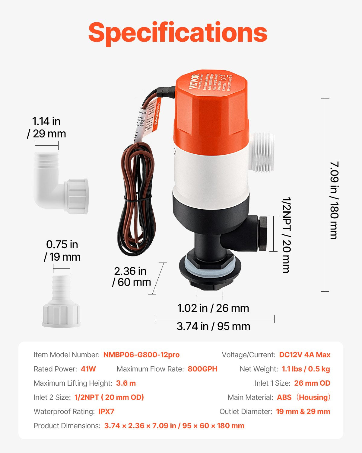 VEVOR Livewell Pump for Boat 12V 800 GPH Livewell Aerator Pump Straight 2 Inlets