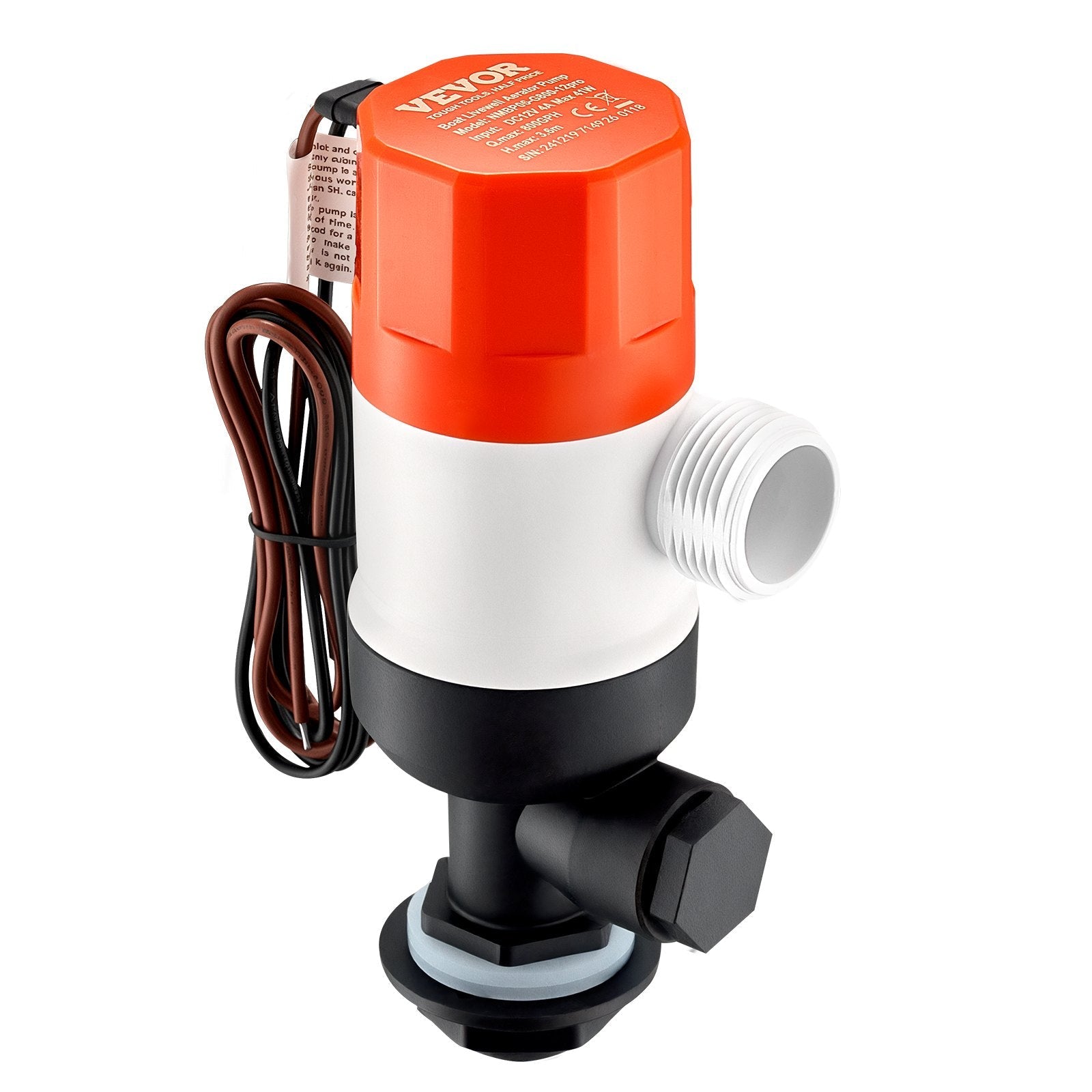 VEVOR Livewell Pump for Boat 12V 800 GPH Livewell Aerator Pump Straight 2 Inlets