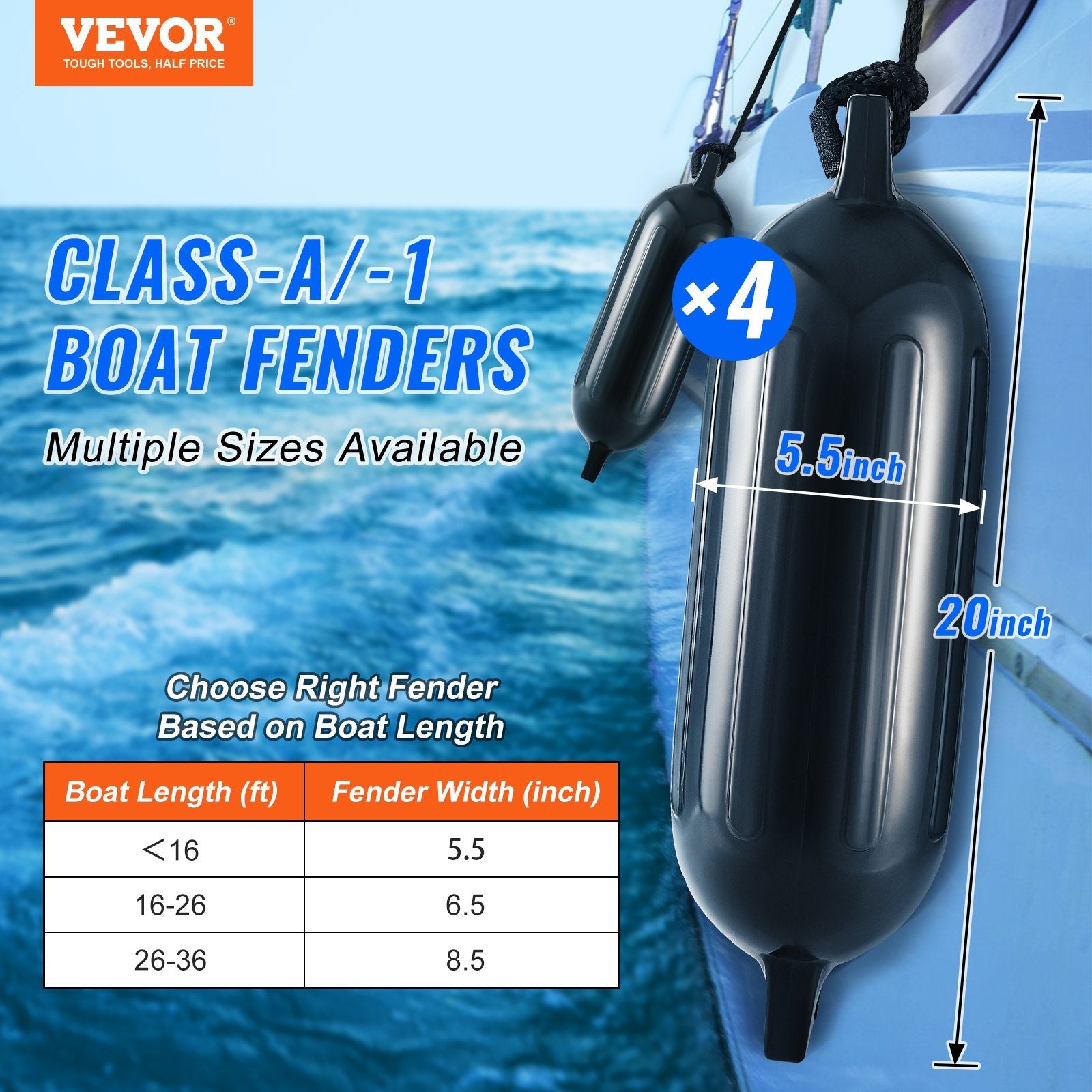 VEVOR Boat Fenders, 5.5" x 20" Boat Bumpers for Docking, Inflatable Ribbed Fender with Center Holes, Marine Boat Dock Fender Bumper with Air Pump, 4 Needles and 4 Ropes and Storage Bag, Black