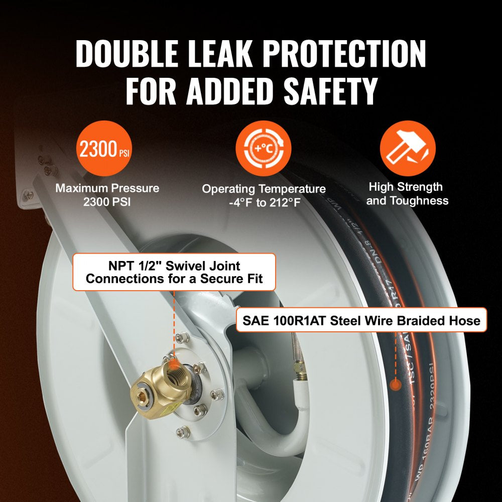 VEVOR Fuel Hose Reel, 1/2" x 50', Extra Long Retractable Machine Oil Hose Reel, Spring Driven Auto Swivel Rewind, Heavy-Duty Carbon Steel Construction with Hose for Auto Repair, Industries, 2300 PSI