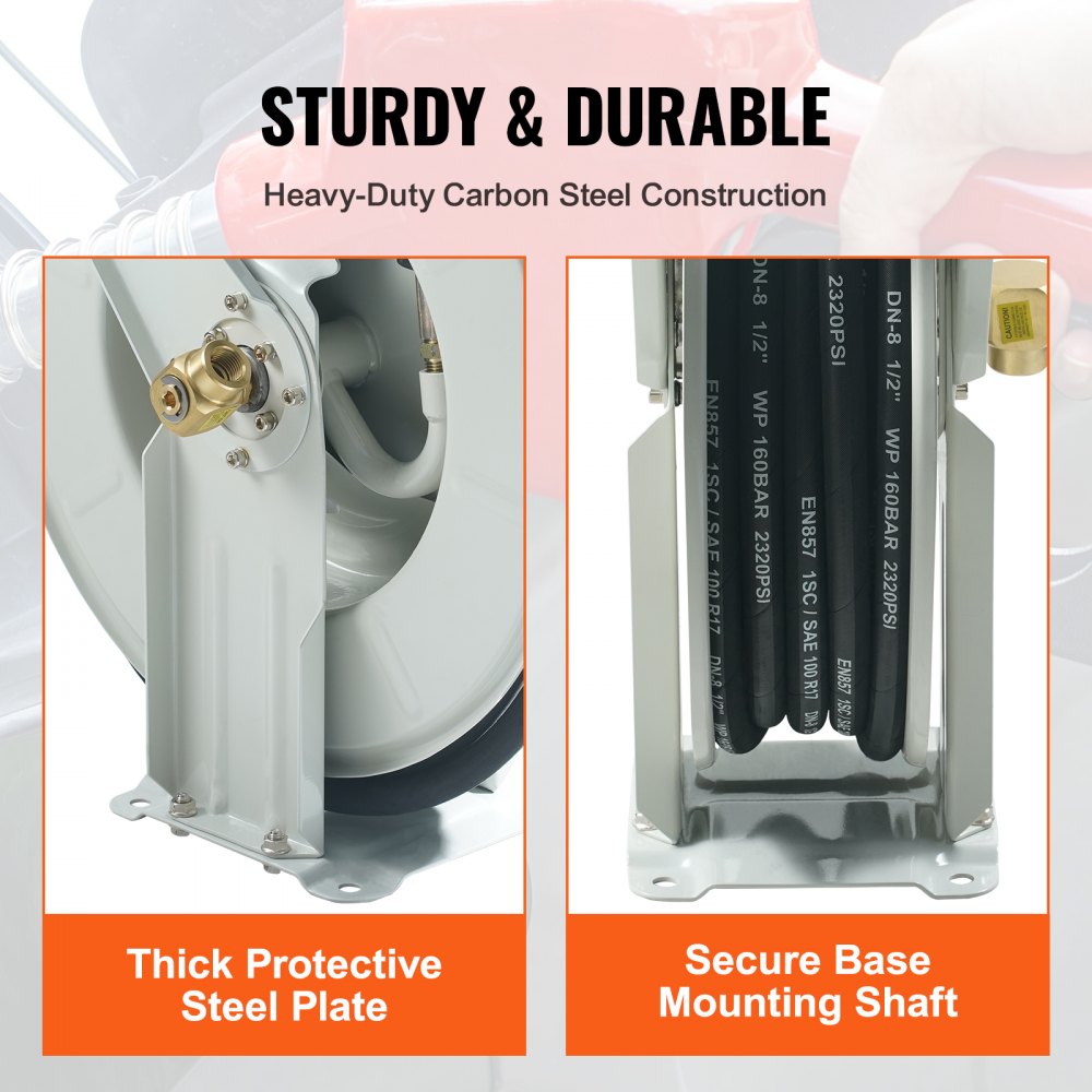 VEVOR Fuel Hose Reel, 1/4" x 50', Extra Long Retractable Grease Hose Reel, Spring Driven Auto Swivel Rewind, Heavy-Duty Carbon Steel Construction with Hose for Auto Repair, Heavy Industries, 5800 PSI
