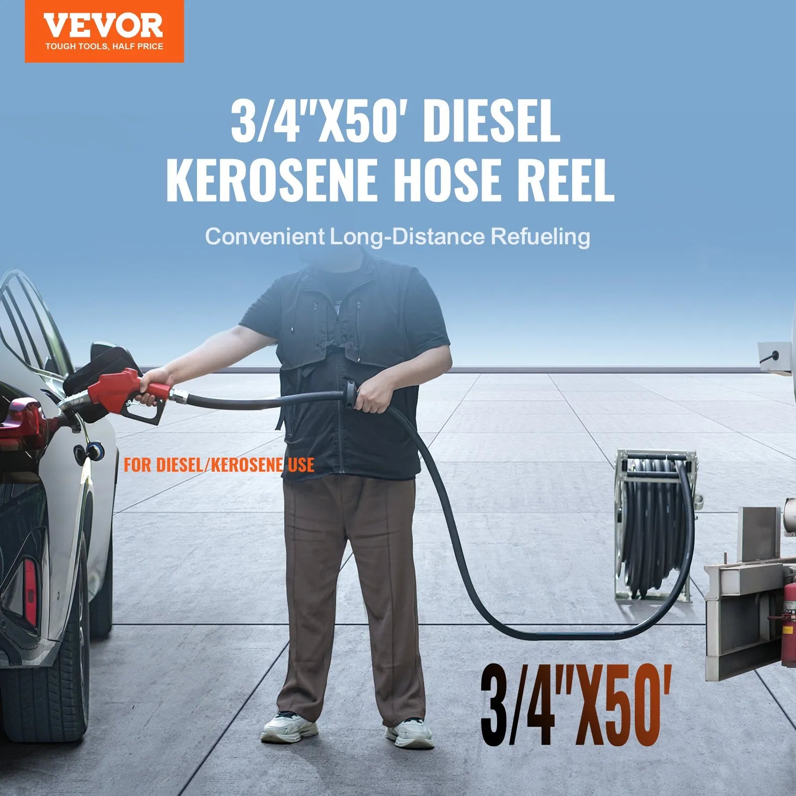 VEVOR Fuel Hose Reel, 3/4" x 50', Extra Long Retractable Diesel Hose Reel, Heavy-Duty Carbon Steel Construction with Automatic Fuel Nozzle, NBR Rubber Hose for Aircraft Ship Vehicle Tank Truck, 300PSI