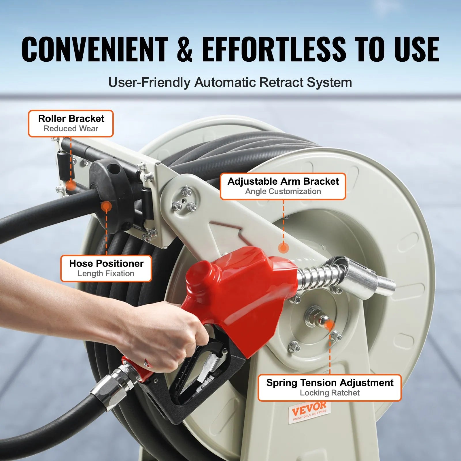 VEVOR Fuel Hose Reel, 3/4" x 50', Extra Long Retractable Diesel Hose Reel, Heavy-Duty Carbon Steel Construction with Automatic Fuel Nozzle, NBR Rubber Hose for Aircraft Ship Vehicle Tank Truck, 300PSI