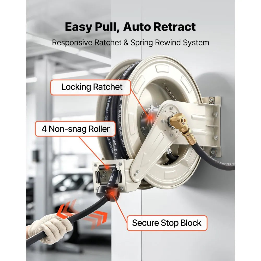 VEVOR 1/2" x 33 ft Retractable Oil Hose Reel – 3625 PSI Spring-Driven Auto Rewind with Steel Braided Hose