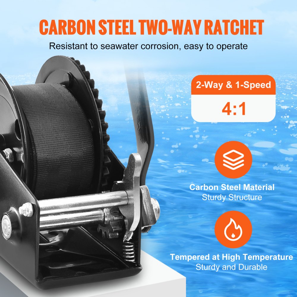 VEVOR Hand Winch, 1200 lbs Pulling Capacity, Boat Trailer Winch Heavy Duty Rope Crank with 23 ft Polyester Strap and Two-Way Ratchet, Manual Operated Hand Crank Winch for Trailer, Boat or ATV Towing