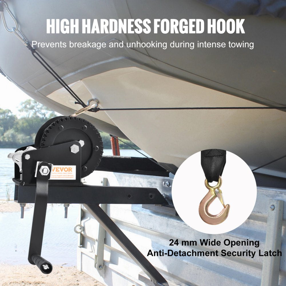 VEVOR Hand Winch, 1200 lbs Pulling Capacity, Boat Trailer Winch Heavy Duty Rope Crank with 23 ft Polyester Strap and Two-Way Ratchet, Manual Operated Hand Crank Winch for Trailer, Boat or ATV Towing