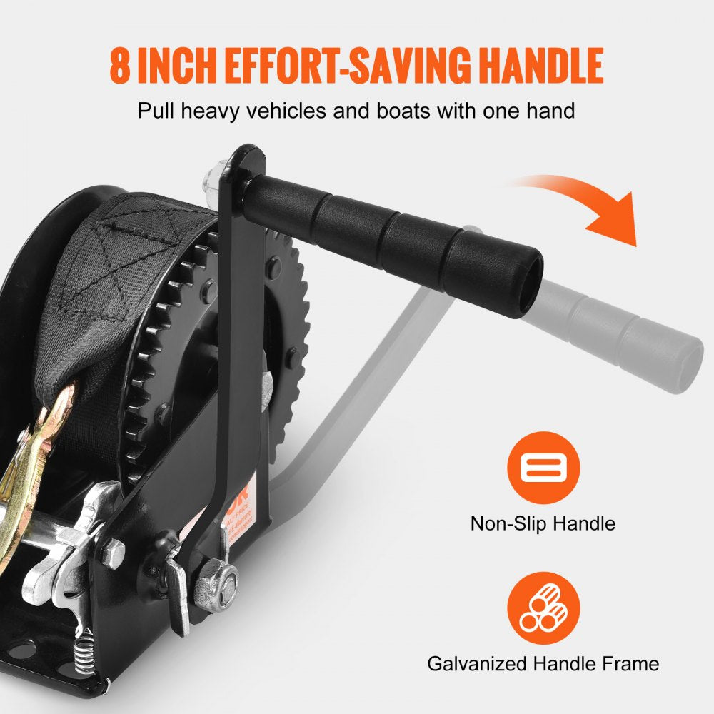 VEVOR Hand Winch, 1200 lbs Pulling Capacity, Boat Trailer Winch Heavy Duty Rope Crank with 23 ft Polyester Strap and Two-Way Ratchet, Manual Operated Hand Crank Winch for Trailer, Boat or ATV Towing