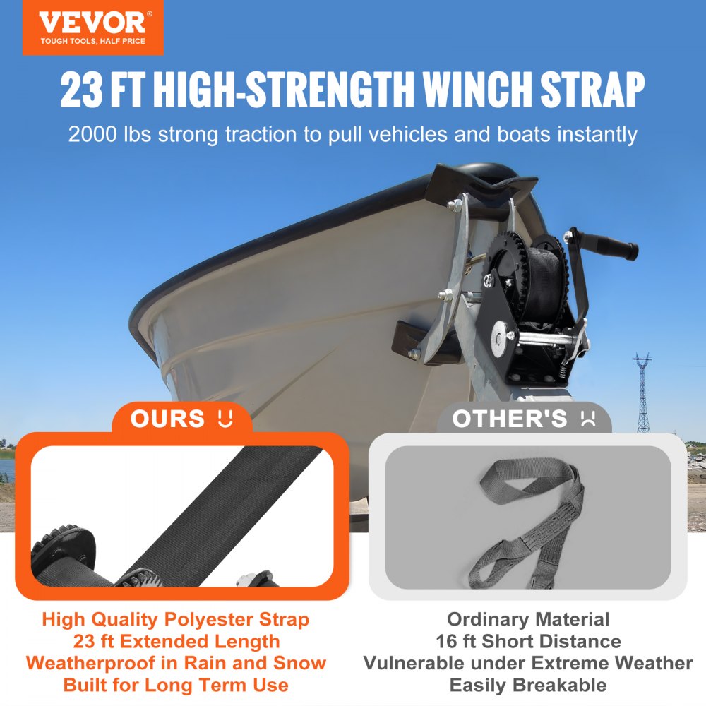 VEVOR Hand Winch, 2000 lbs Pulling Capacity, Boat Trailer Winch Heavy Duty Rope Crank with 23 ft Polyester Strap and Two-Way Ratchet, Manual Operated Hand Crank Winch for Trailer, Boat or ATV Towing