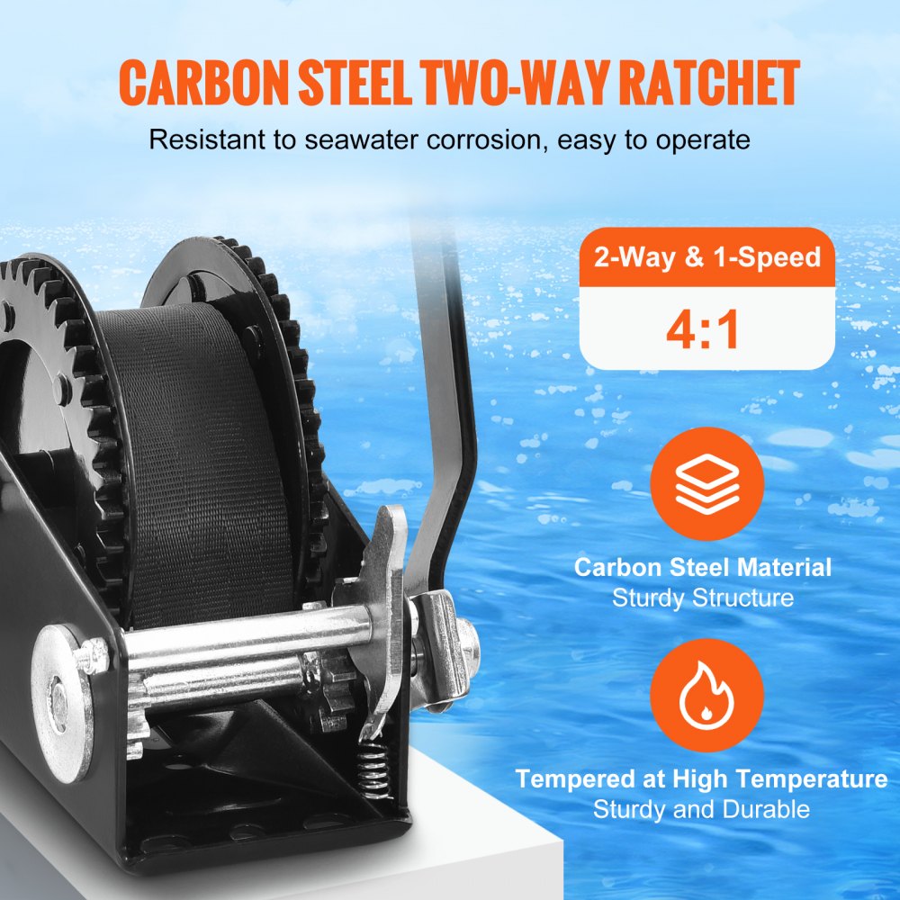 VEVOR Hand Winch, 2000 lbs Pulling Capacity, Boat Trailer Winch Heavy Duty Rope Crank with 23 ft Polyester Strap and Two-Way Ratchet, Manual Operated Hand Crank Winch for Trailer, Boat or ATV Towing