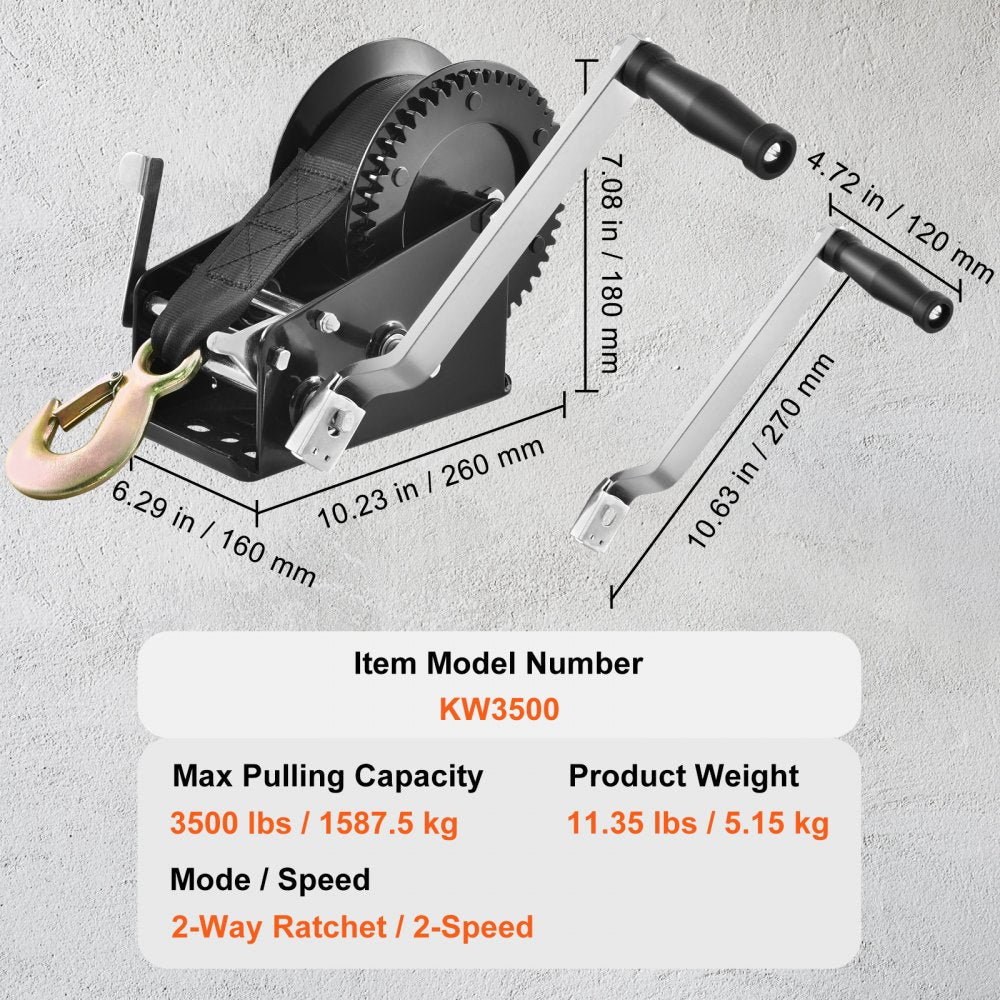 VEVOR Hand Winch, 3500 lbs Pulling Capacity, Boat Trailer Winch Heavy Duty Rope Crank with 33 ft Polyester Strap and Two-Way Ratchet, Manual Operated Hand Crank Winch for Trailer, Boat or ATV Towing