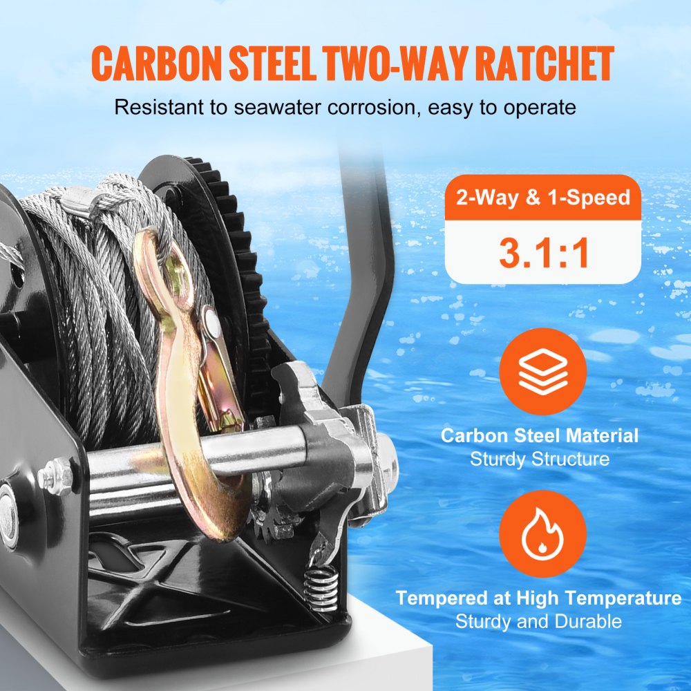 VEVOR Hand Winch, 800 lbs Pulling Capacity, Boat Trailer Winch Heavy Duty Rope Crank with 33 ft Steel Wire Cable and Two-Way Ratchet, Manual Operated Hand Crank Winch for Trailer, Boat or ATV Towing