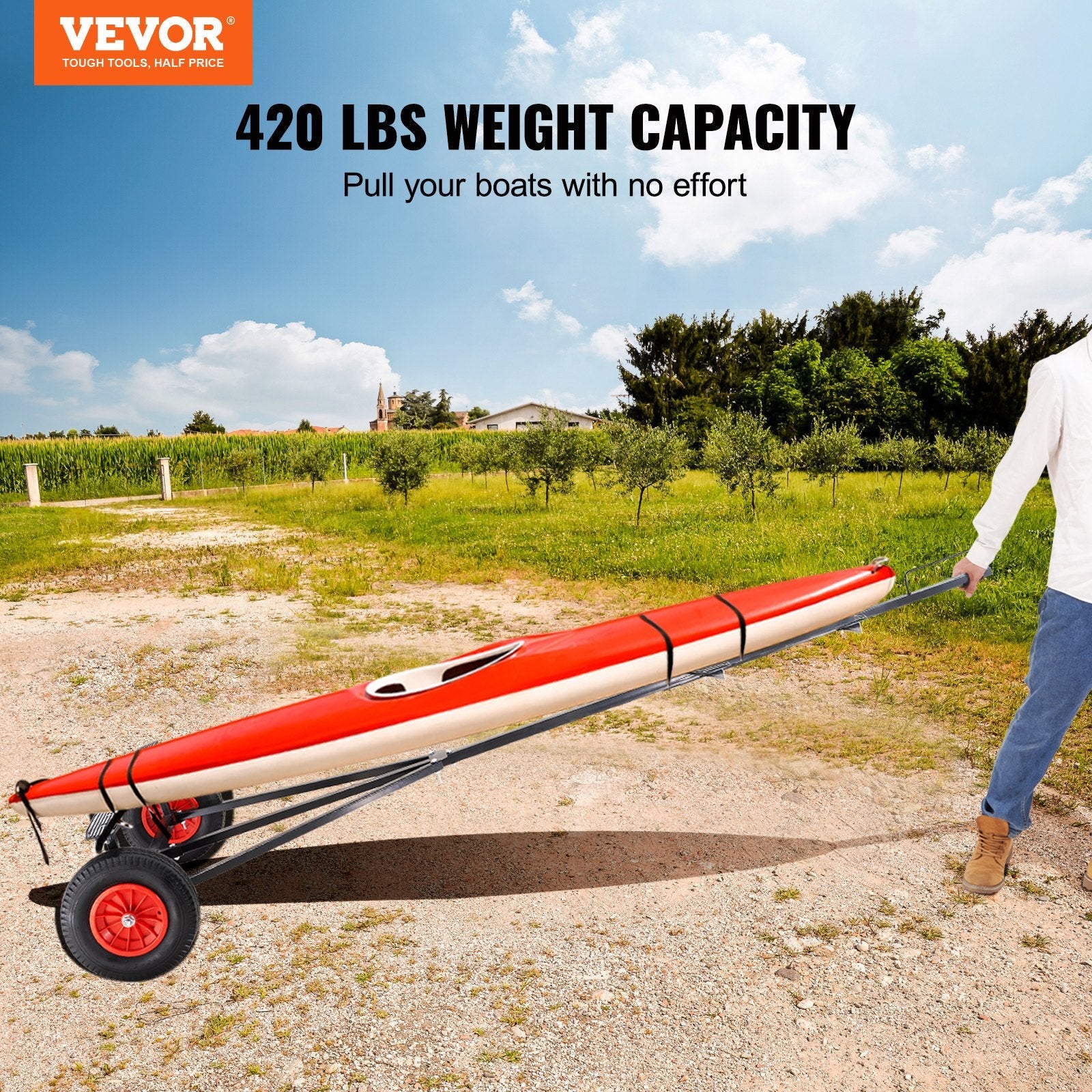 VEVOR Boat Trailer Dolly 420lbs Load Capacity, Carbon Steel Trailer Mover with 96''-116'' Adjustable Length, 16'' Pneumatic Tires & Nonslip Support Bracket, for Moving Kayak Motorboat Fishing Boat