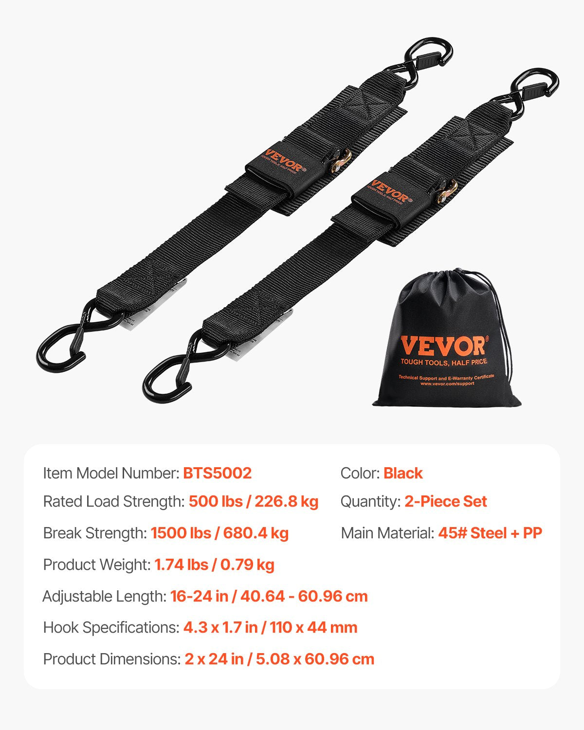 VEVOR Retractable Ratchet Straps Tie Down Straps 2 in x 2 ft for Boat (2 Pack)