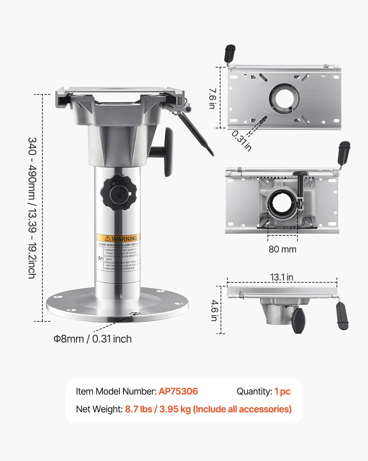 VEVOR Boat Seat Pedestal 13.39-19.2 Inches Height Adjustable Boat Seat Mount