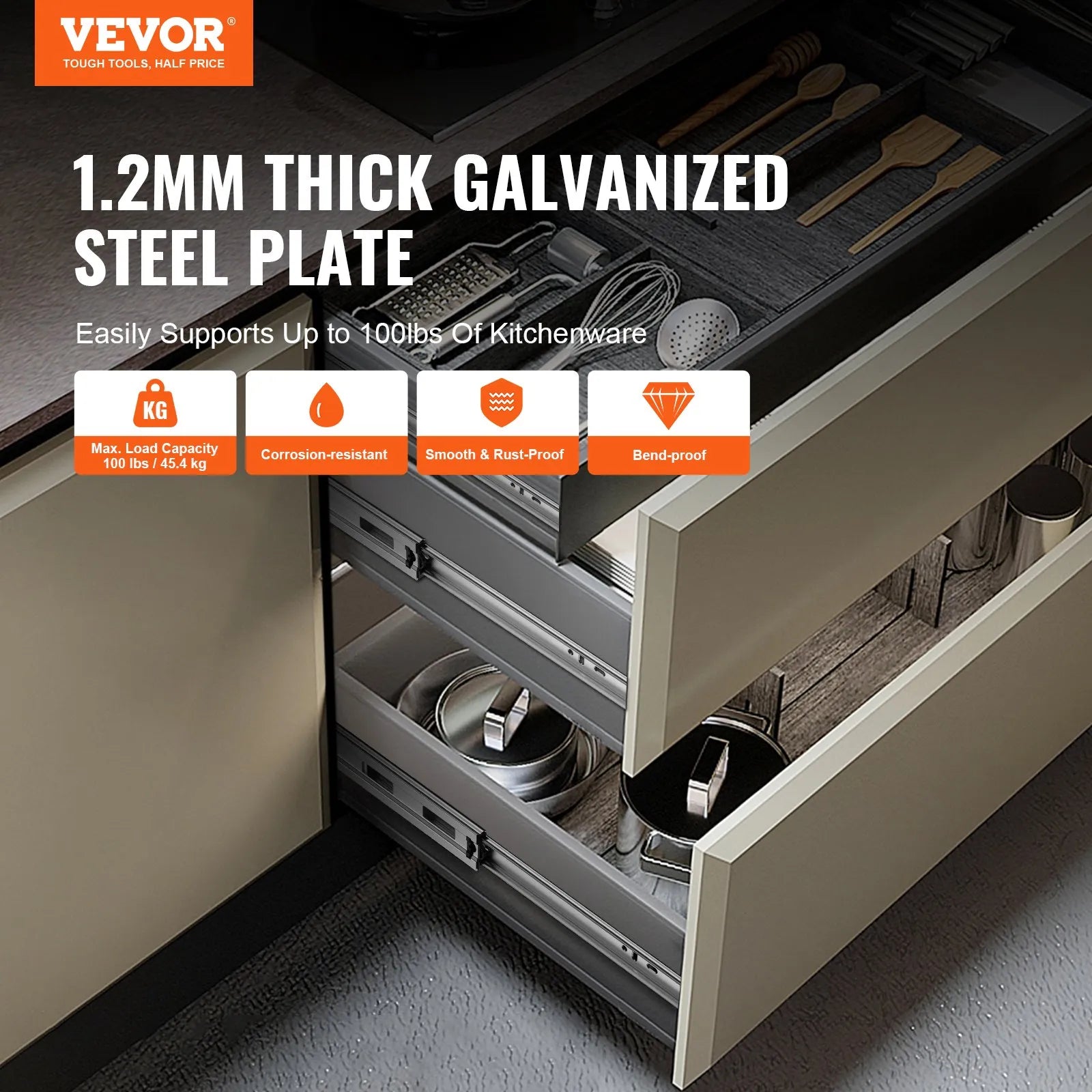 VEVOR Drawer Slides Side Mount Rails, Soft-Close 10 Pairs 24 Inch, Heavy Duty Full Extension Steel Track, Noiseless Guide Glides Cabinet Kitchen Runners with Ball Bearing, 100 Lbs Load Capacity