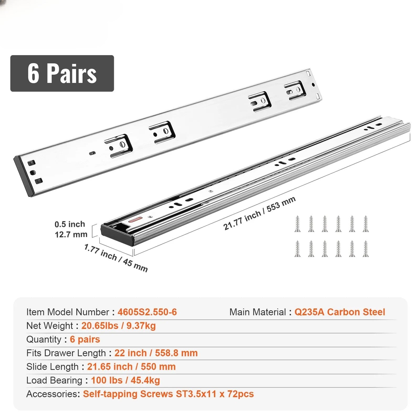 6 Pairs of 22 Inch Drawer Slides Side Mount Rails, Heavy Duty Full Extension Steel Track, Soft-Close Noiseless Guide Glides Cabinet Kitchen Runners with Ball Bearing, 100 Lbs Load Capacity