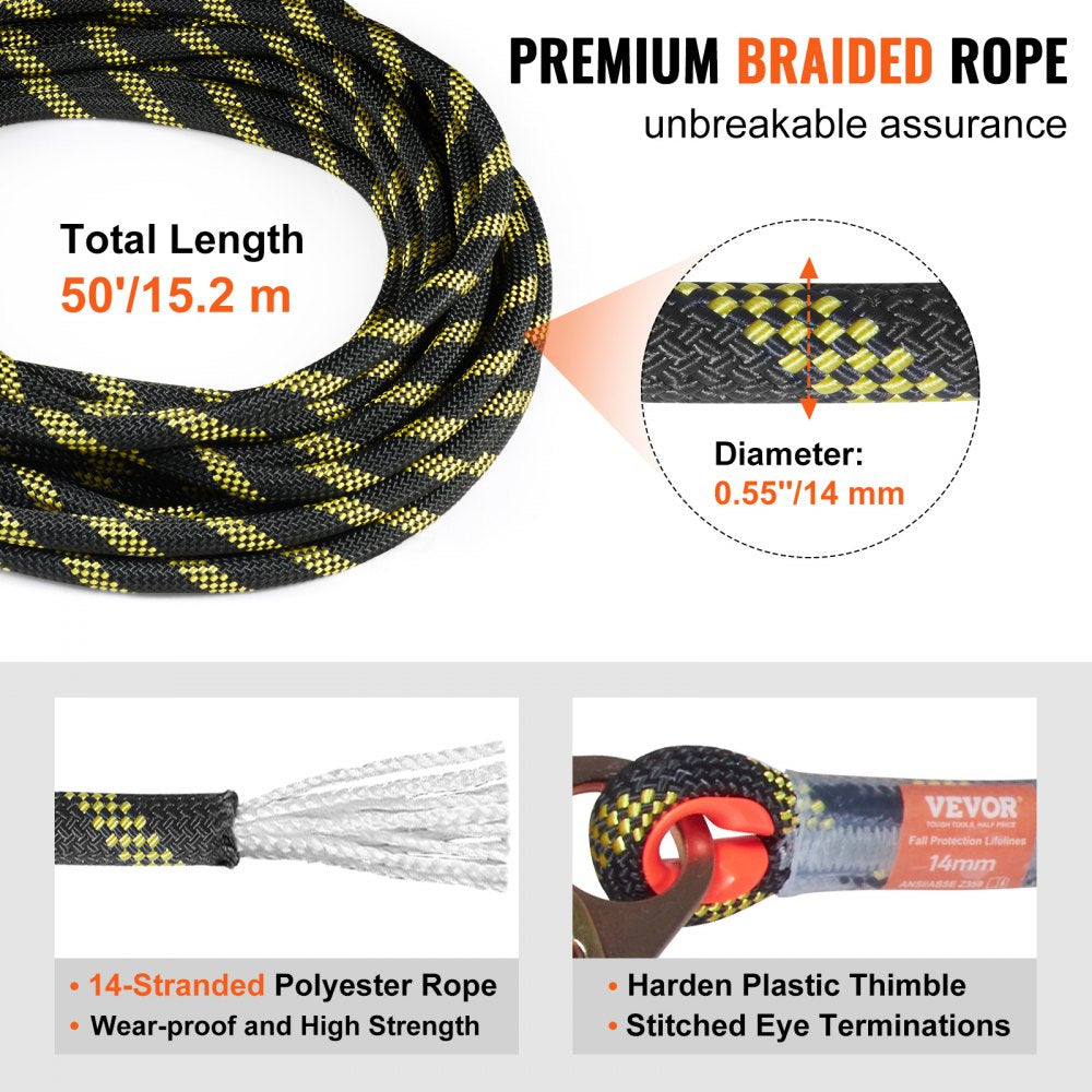 VEVOR Vertical Lifeline Assembly, 0.55'' x 50' Fall Protection Rope with 30 KN Breaking Tension, Polyester Roofing Rope with Steel Snap Hooks, Rope Grab, and Shock Absorber, ANSI Compliant