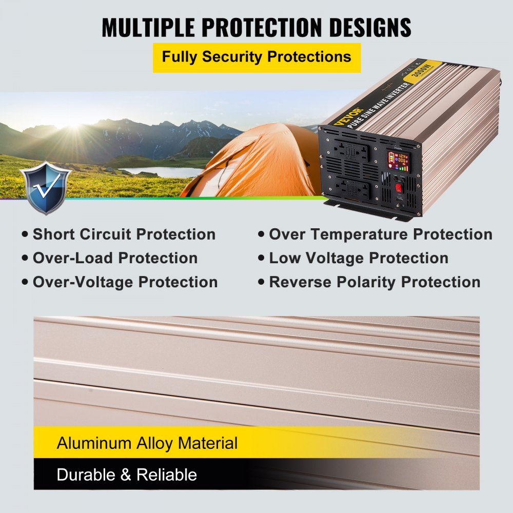 VEVOR Pure Sine Wave Inverter, 3000 Watt Power Inverter, DC 12V to AC 110V Car Inverter, with LCD Display, 5V USB Port, AC Outlets (GFCI) Power Converter, for Car, RV Truck,Solar System,Travel Camping