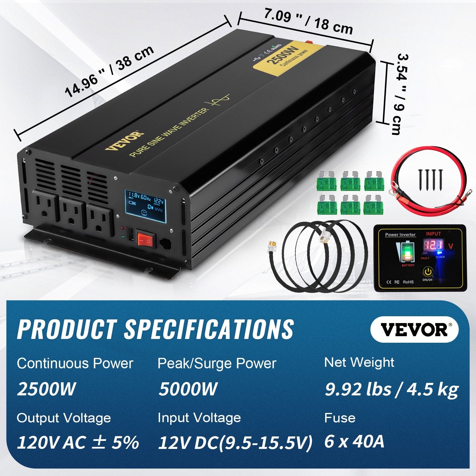 VEVOR Pure Sine Wave Inverter, 2500 Watt Power Inverter, DC 12V to AC 120V Car Inverter, with USB Port, LCD Display, and Remote Controller Power Converter, for RV Truck Car Solar System Travel Camping