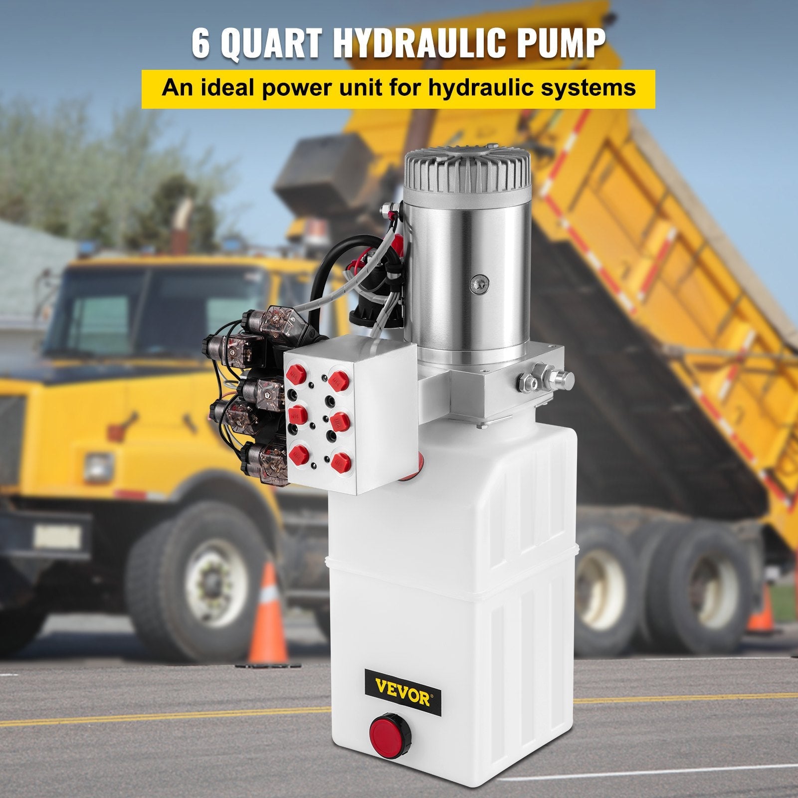 VEVOR Hydraulic Power Unit 6 Way 6 Quart Hydraulic Pump Double Acting Hydraulic Power Unit 12V DC Dump Trailer Car Remote with Plastic Oil Reservoir (Plastic, Double Acting)