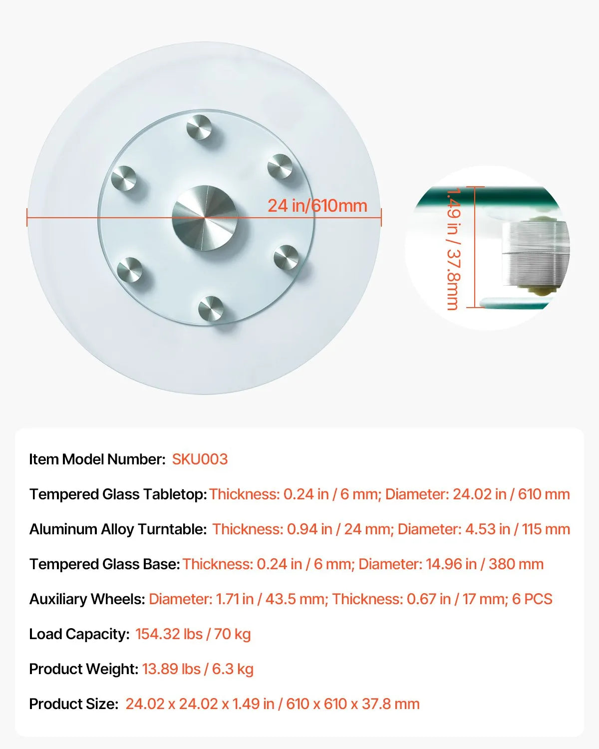VEVOR Glass Lazy Susan Turntable Dining Table Centerpiece 24 in Rotating Tray