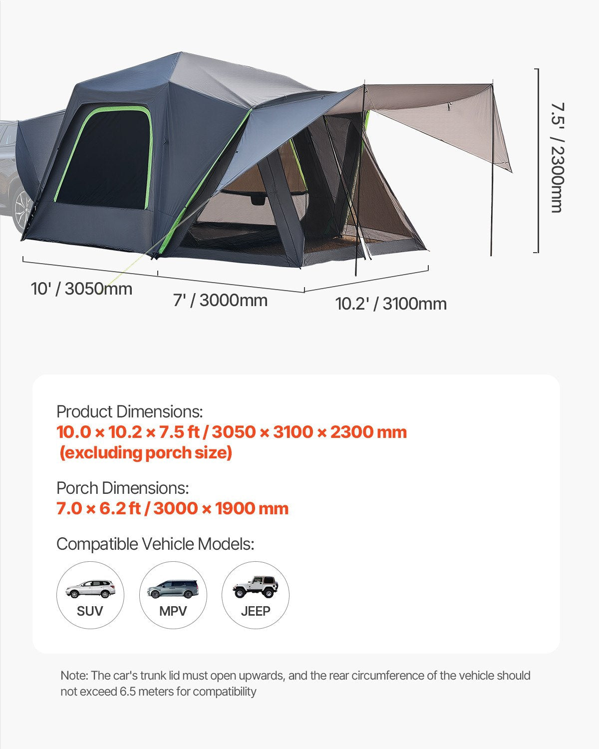 VEVOR SUV Camping Tent Outdoor SUV Tent with Awning Waterproof for 5-8 Person