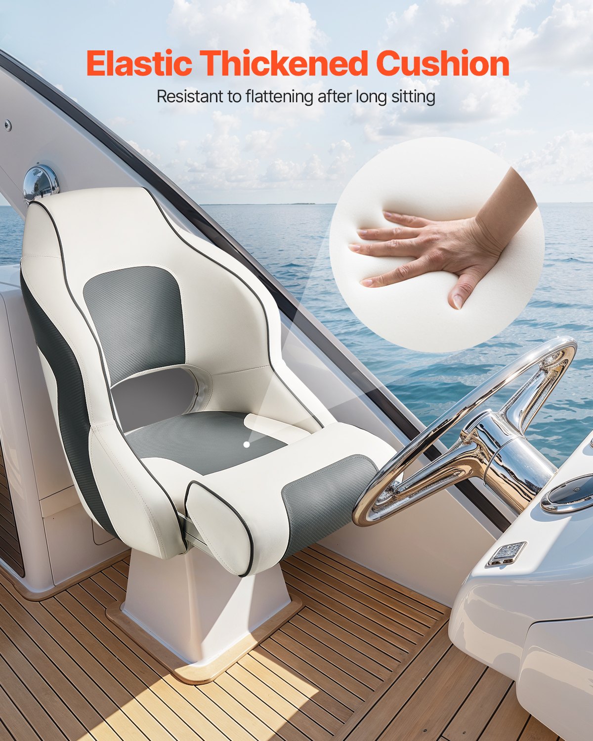 VEVOR Boat Seat High Backrest Flip Up Boat Seat Captain Bucket Seat White & Grey