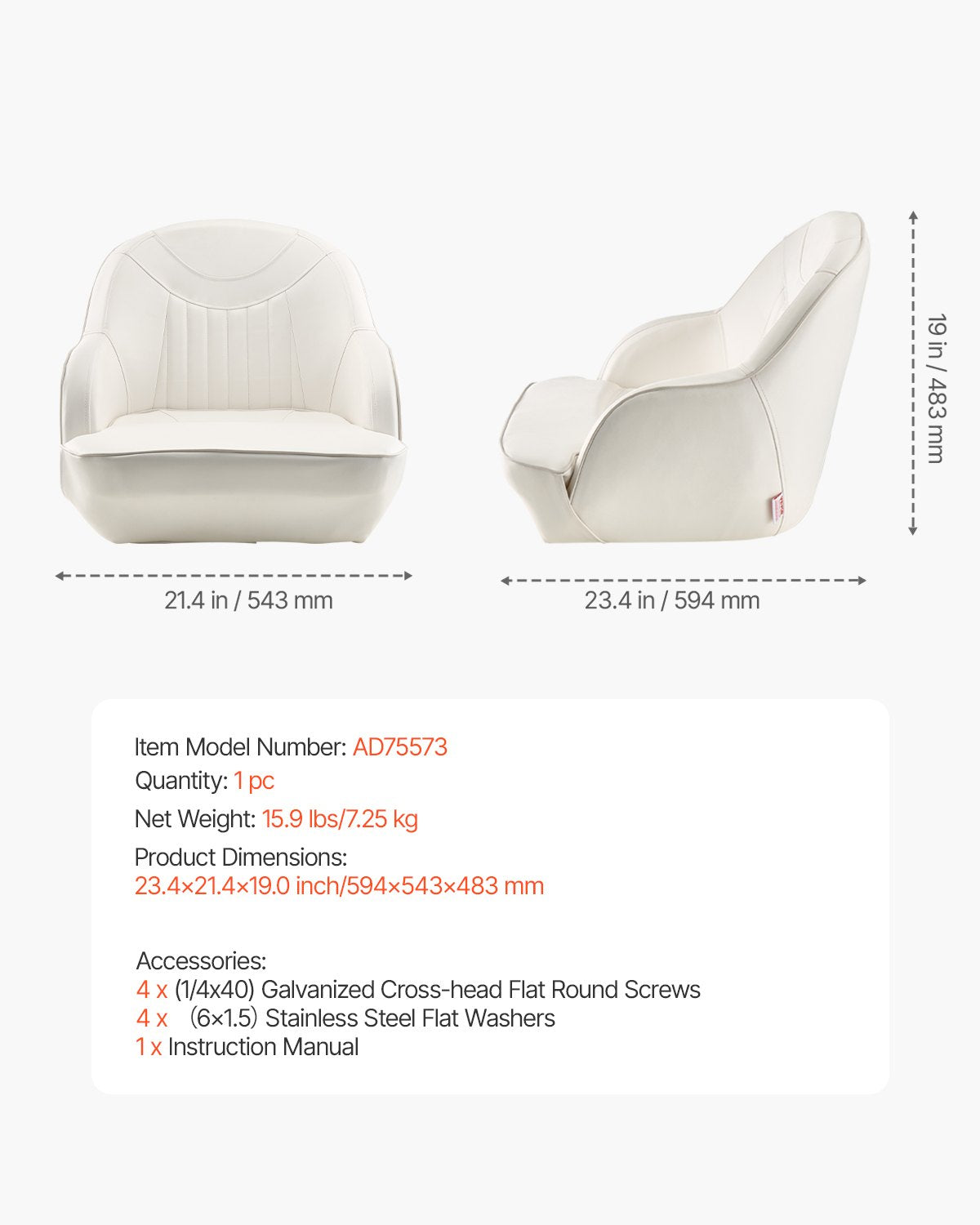 VEVOR Boat Seat Low Backrest PVC Leather Captain Bucket Seat White