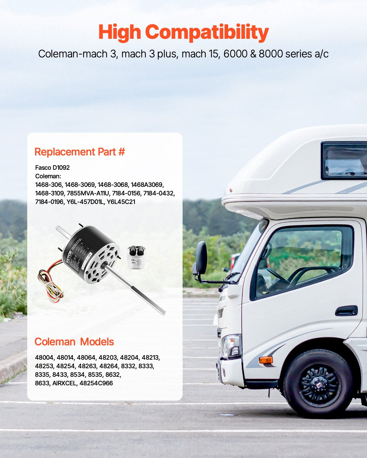 VEVOR 1/3HP RV AC Fan Motor AC115V 3A 1675RPM Single Phase 7.5uf/370V Capacitor