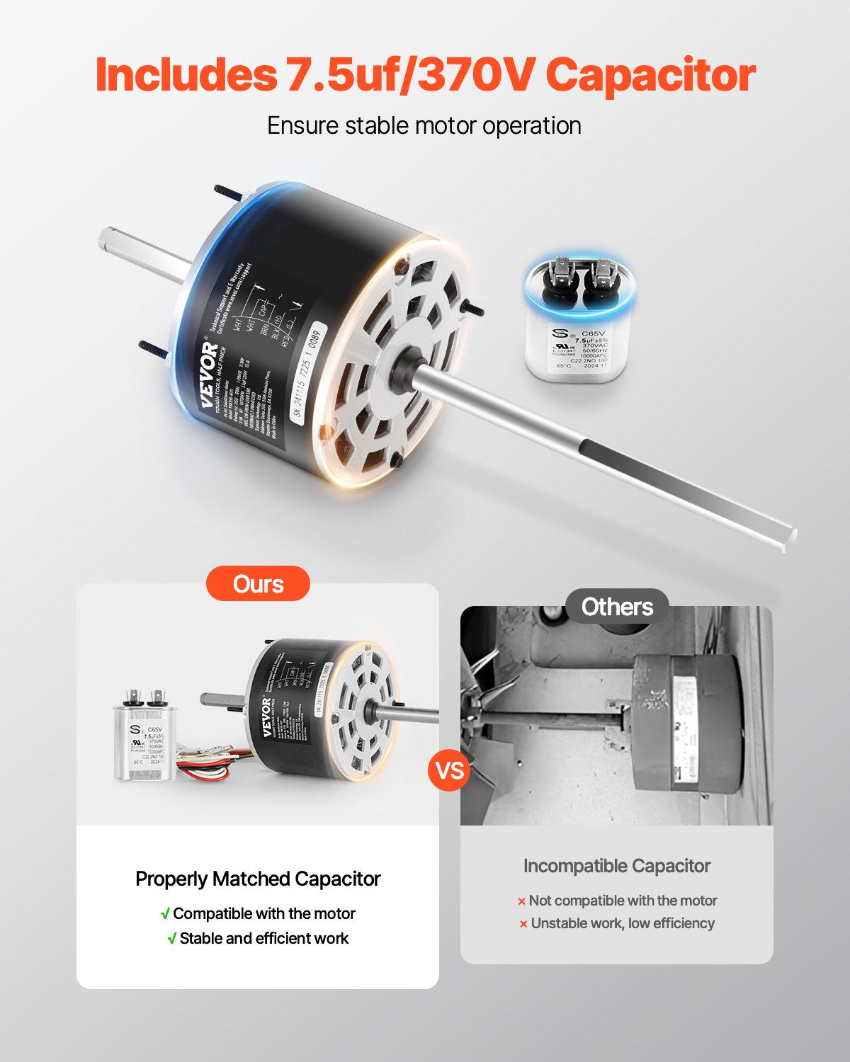 VEVOR 1/3HP RV AC Fan Motor AC115V 3A 1675RPM Single Phase 7.5uf/370V Capacitor