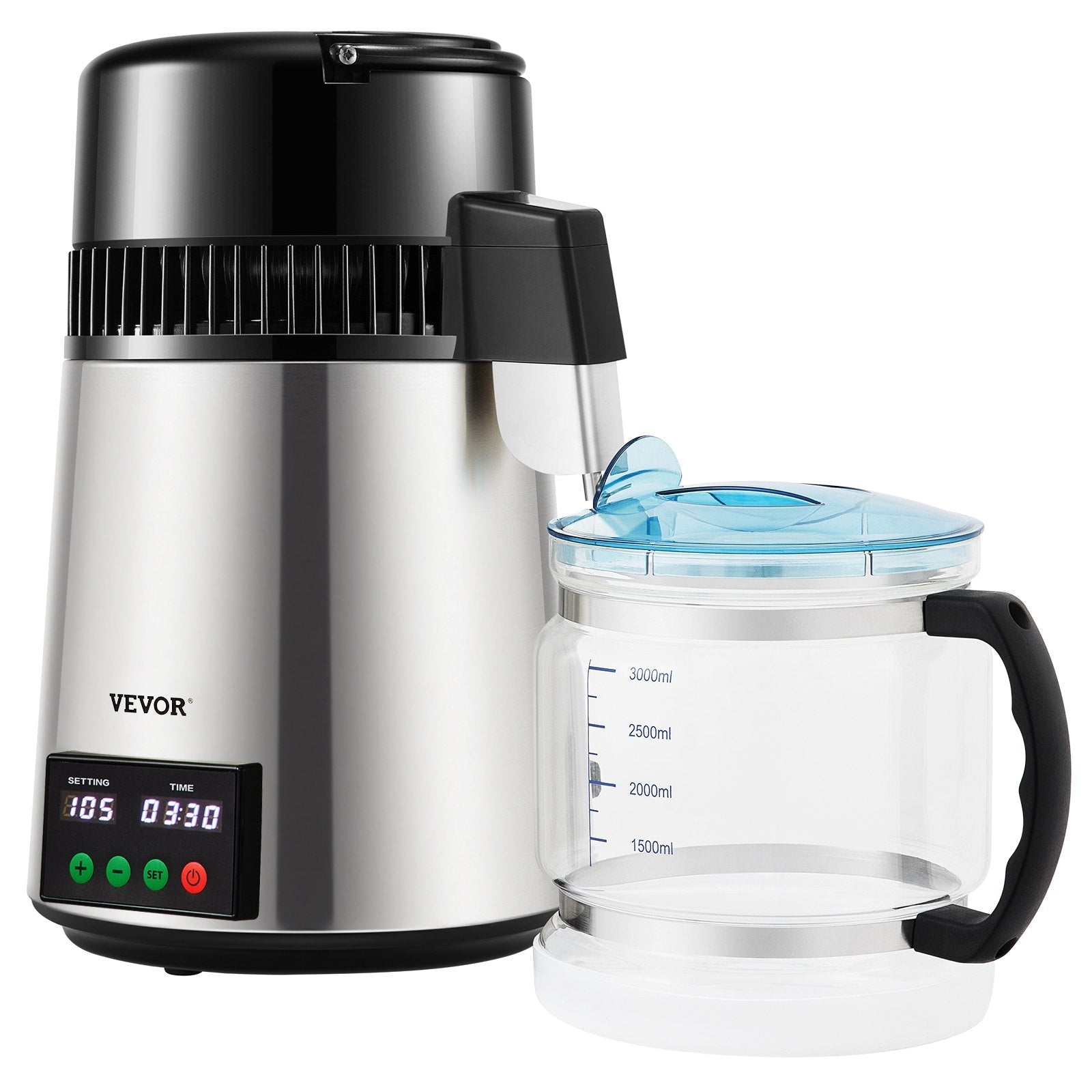 VEVOR 1.1Gal Water Distiller, 0.3Gal/H, 750W Distilled Water Maker Machine 0-99H Timing Set Temp Display, 304 Stainless Steel Countertop Distiller Glass Carafe Cleaning Powder 3 Carbon Packs, Silver