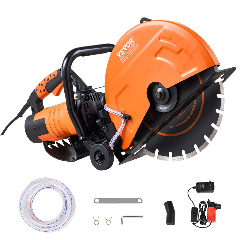 VEVOR Electric Concrete Saw, 14 in, 3200 W 15 A Motor Circular Saw Cutter with Max. 5 in Adjustable Cutting Depth, Wet Disk Saw Cutter Includes Water Line, Pump and Blade, for Stone, Brick