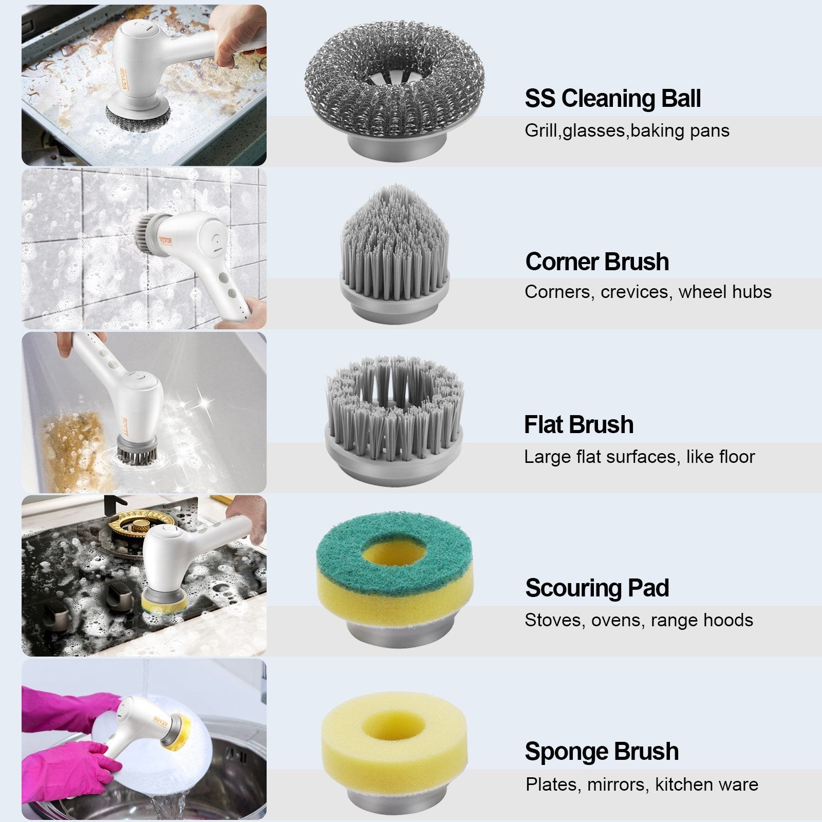 VEVOR Electric Spin Scrubber, Cordless Electric Cleaning Brush with Auto Detergent Dispenser & 2 Adjustable Speeds, Portable Power Shower Scrubber with 5 Replaceable Brush Heads for Bathroom, Tub