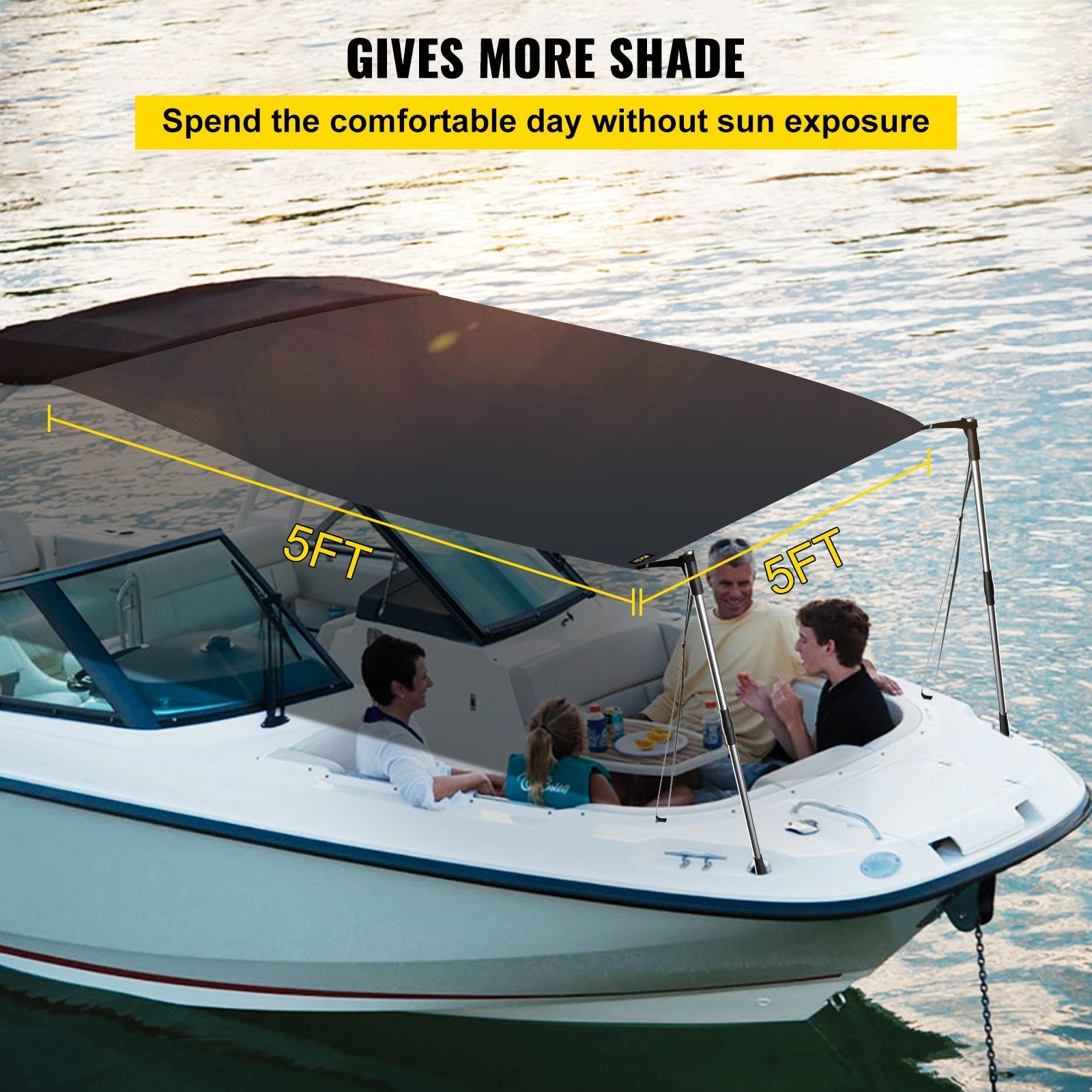 VEVOR T-Top Sun Shade Kit 5' x 5', UV-Proof 600D Polyester T-top Extension Kit with Rustproof Steel Telescopic Poles, Waterproof T-Top Shade Kit, Easy to Assemble for T-Tops ? Bimini Top