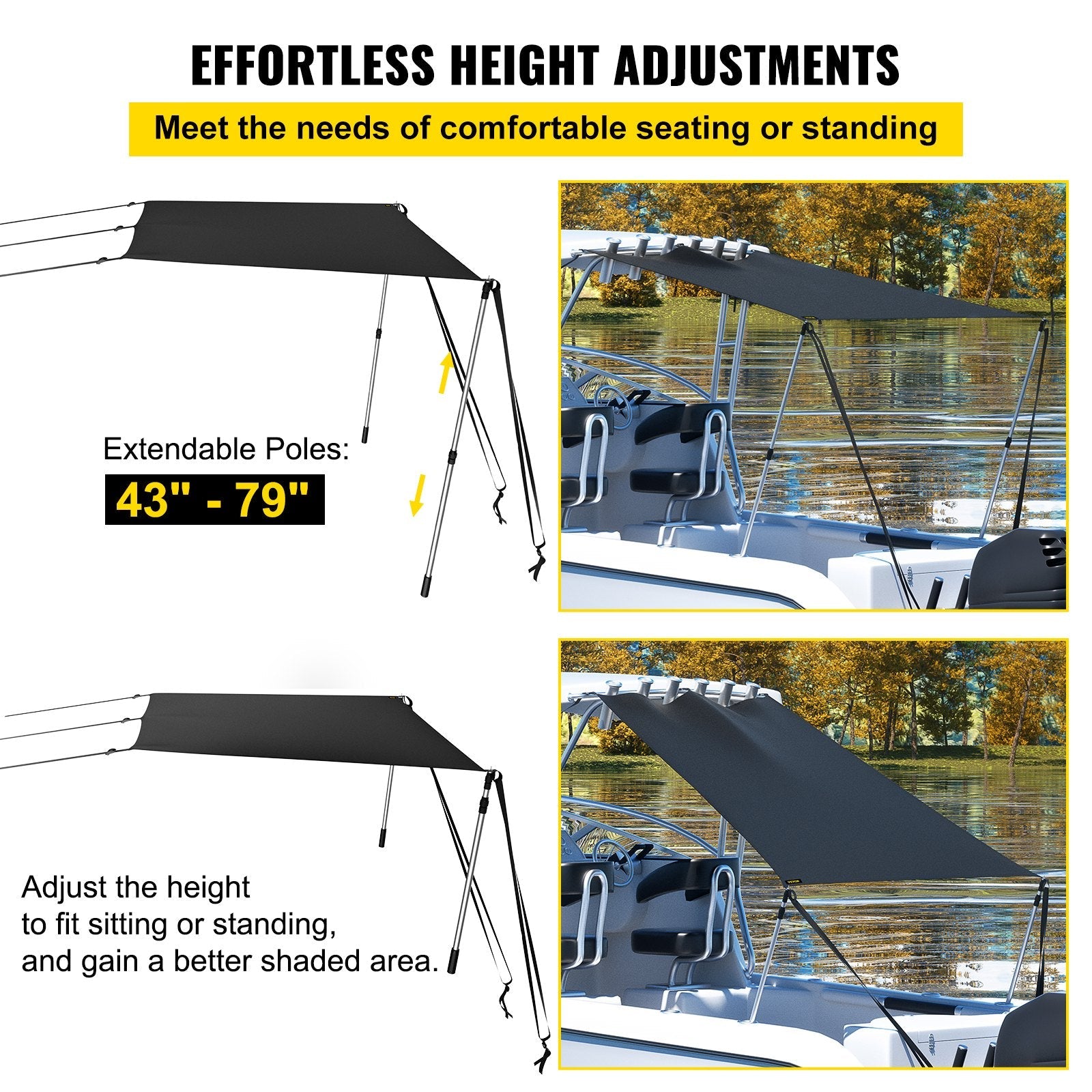 VEVOR T-Top Sun Shade Kit 5' x 5', UV-Proof 600D Polyester T-top Extension Kit with Rustproof Steel Telescopic Poles, Waterproof T-Top Shade Kit, Easy to Assemble for T-Tops ? Bimini Top