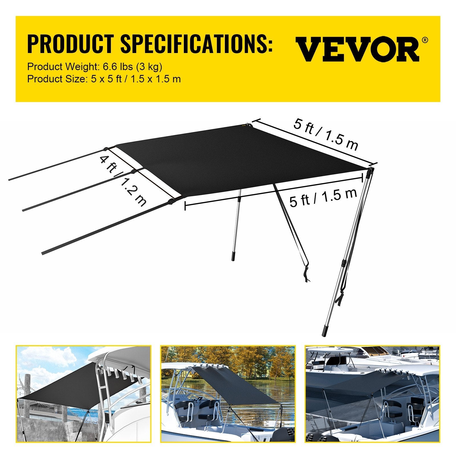 VEVOR T-Top Sun Shade Kit 5' x 5', UV-Proof 600D Polyester T-top Extension Kit with Rustproof Steel Telescopic Poles, Waterproof T-Top Shade Kit, Easy to Assemble for T-Tops ? Bimini Top
