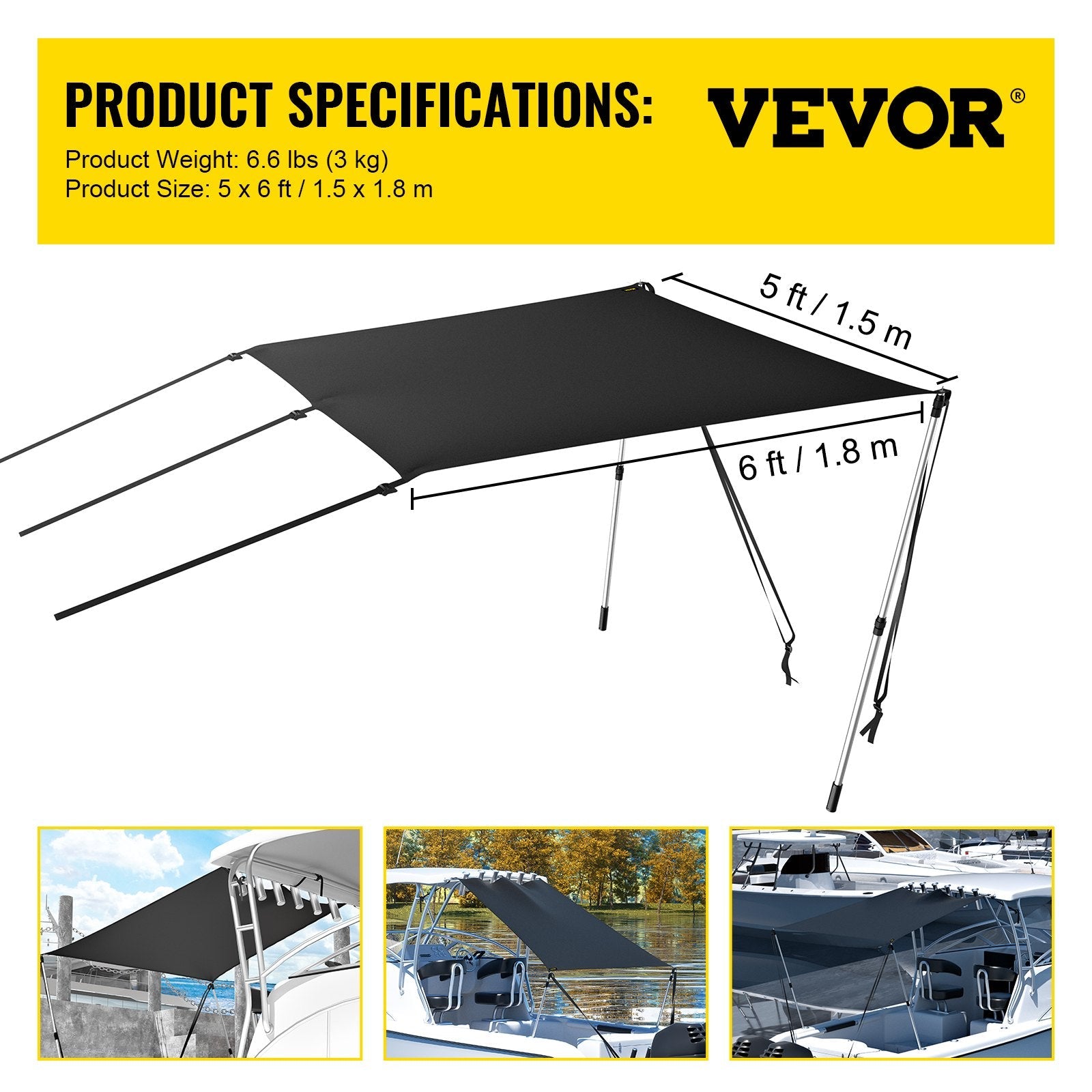 VEVOR T-Top Sun Shade Kit 6' x 5', UV-Proof 600D Polyester T-top Extension Kit with Rustproof Steel Telescopic Poles, Waterproof T-Top Shade Kit, Easy to Assemble for T-Tops ? Bimini Top