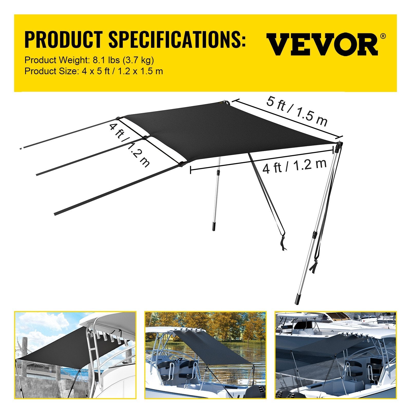VEVOR T-Top Sun Shade Kit 4\' x 5\', UV-Proof 600D Polyester T-top Extension Kit with Rustproof Steel Telescopic Poles, Waterproof T-Top Shade Kit, Easy to Assemble for T-Tops ? Bimini Top