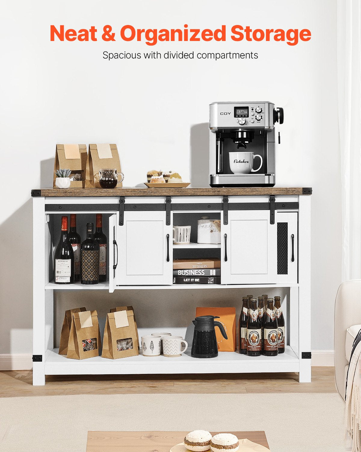 VEVOR Coffee Bar Cabinet 4-Tier Coffee Bar Table with Barn Doors for Living Room