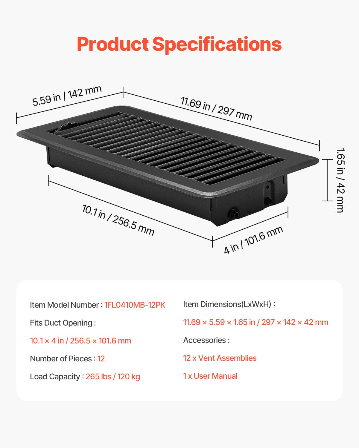 VEVOR Floor Registers 4 x 10 Inch 12-Pack Iron Floor Vents for HVAC Vents Black