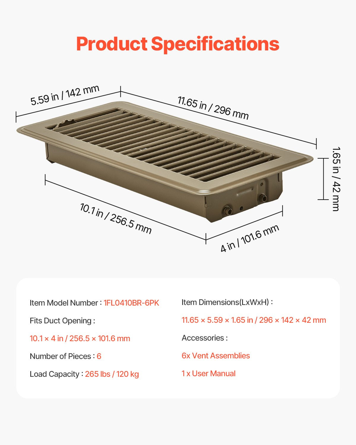 VEVOR Floor Registers 4 x 10 Inch 6-Pack Iron Floor Vents for HVAC Vents Brown