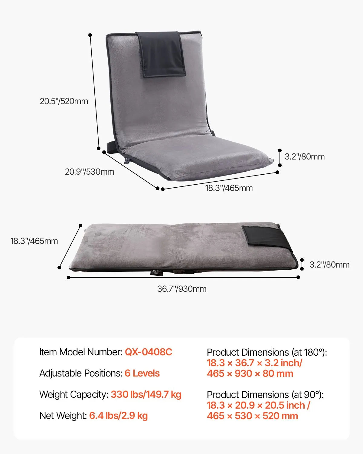 VEVOR Floor Chair with Back Support Folding Floor Chair 6 Adjustable Positions