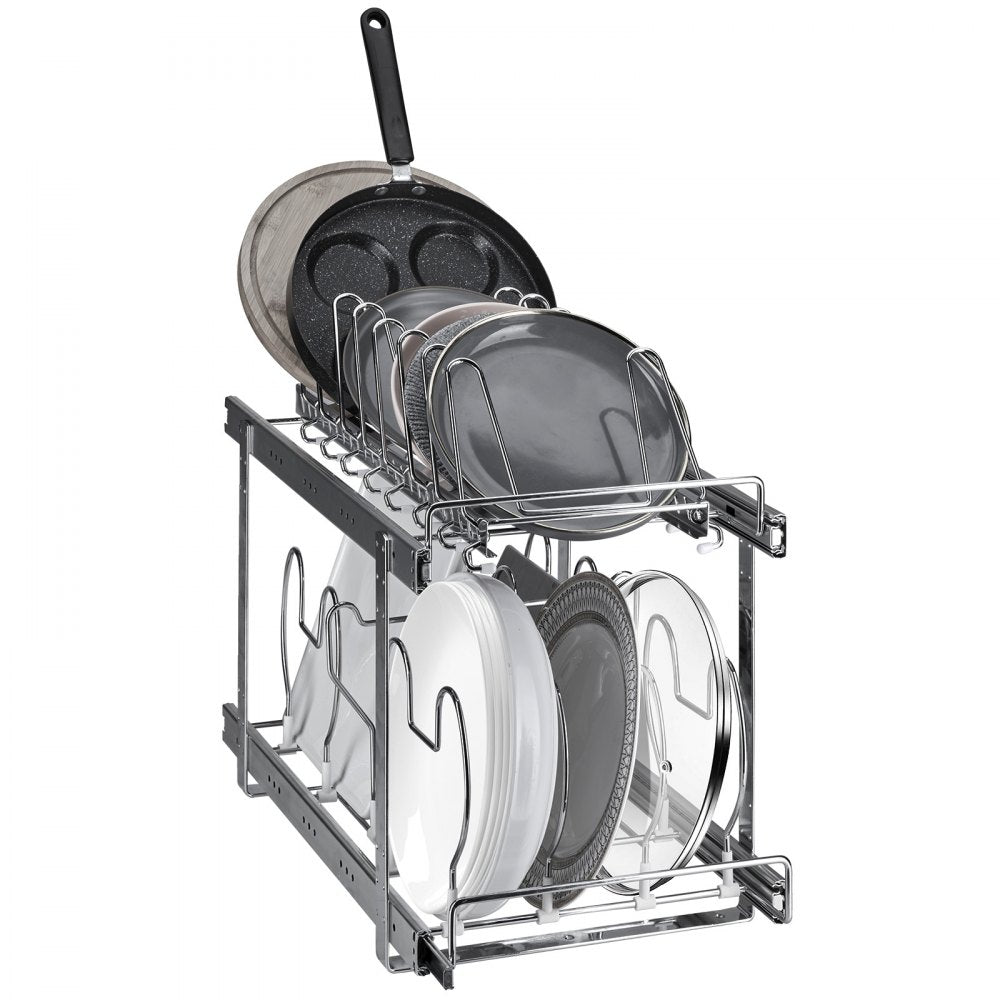 VEVOR Pan and Pot Rack, 2-Tier Expandable Pull Out Under Cabinet Organizer, Cookie Sheet Baking Pans Tray Racks, Adjustable Wire Dividers, Steel Lid Holder for Kitchen Cabinet & Pantry Storage, 12"W