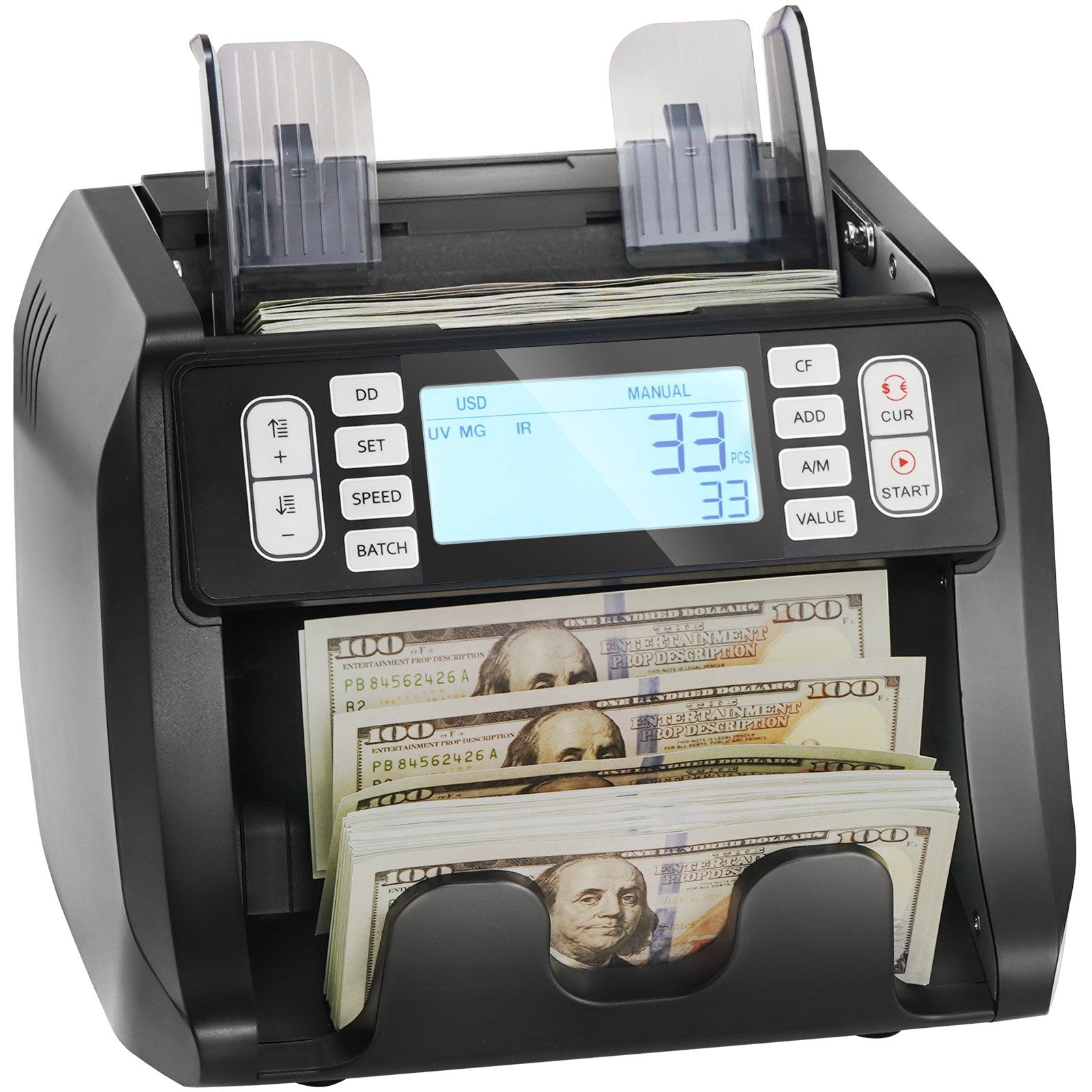 VEVOR Money Counter Machine, Bill Counter with UV, MG, IR and DD Counterfeit Detection, USD & EUR Cash Counting Machine with Add and Batch Modes, Large LCD & External Display, Not applicable to Canadian dollars