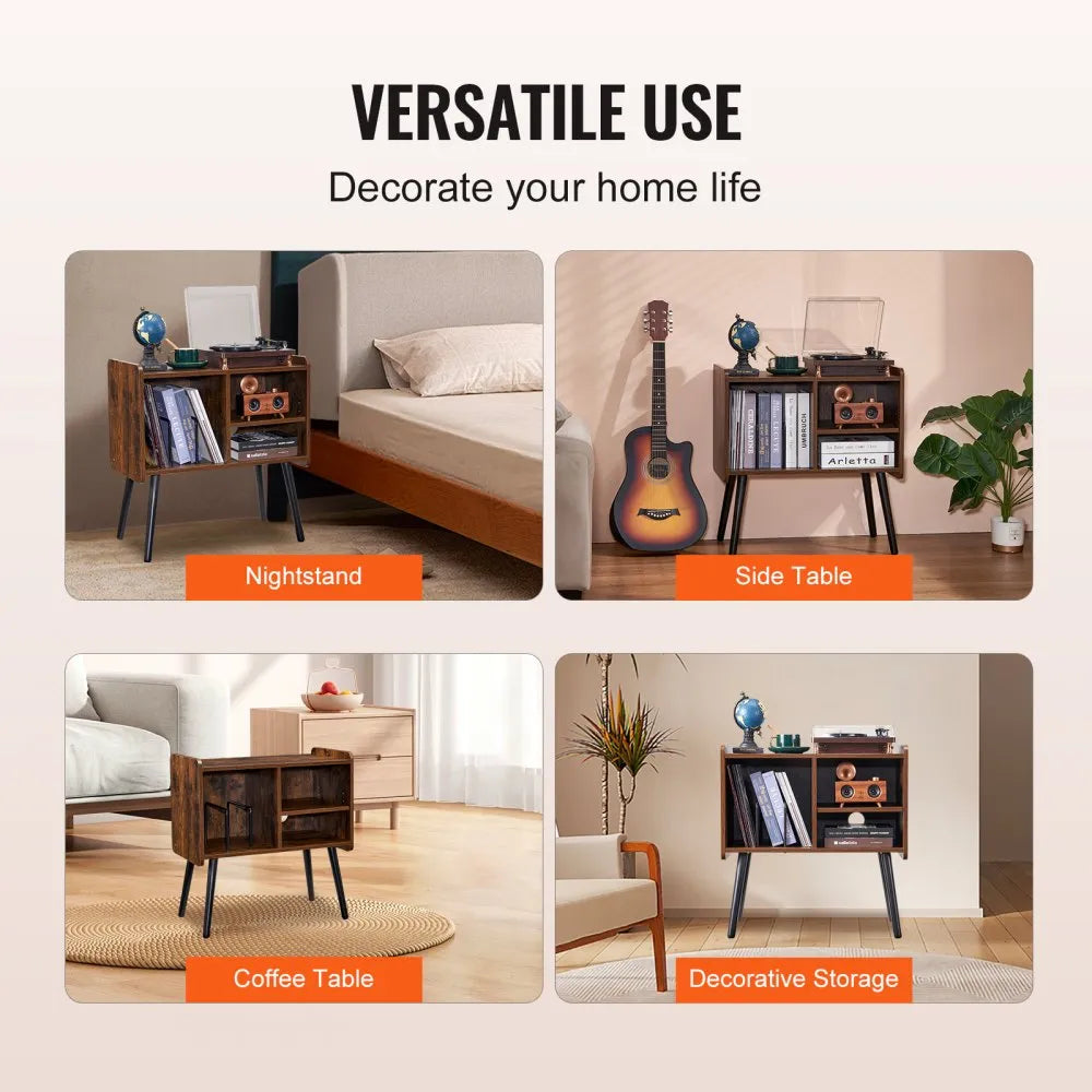VEVOR Record Player Stand 2-Tier Wooden Turntable Stand 3 Cabinets Black & Brown