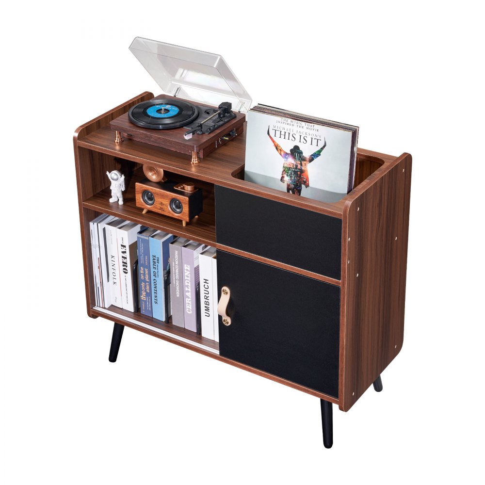 VEVOR Record Player Stand 3-Tier Wooden Turntable Stand Sliding Door Power Strip