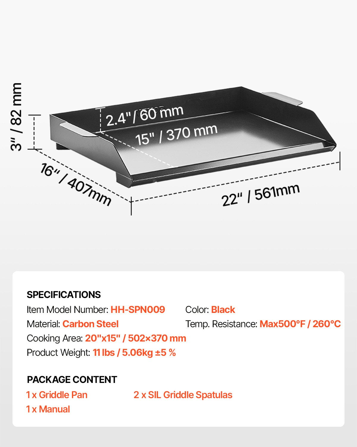 VEVOR 22x16 in Flat Top Griddle Carbon Steel Universal BBQ Grill Pan Cookware